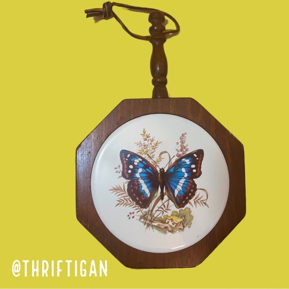 Vintage Other - Vintage Butterfly and Flowers Wood Ceramic Trivet Pot Holder W Leather Hanger